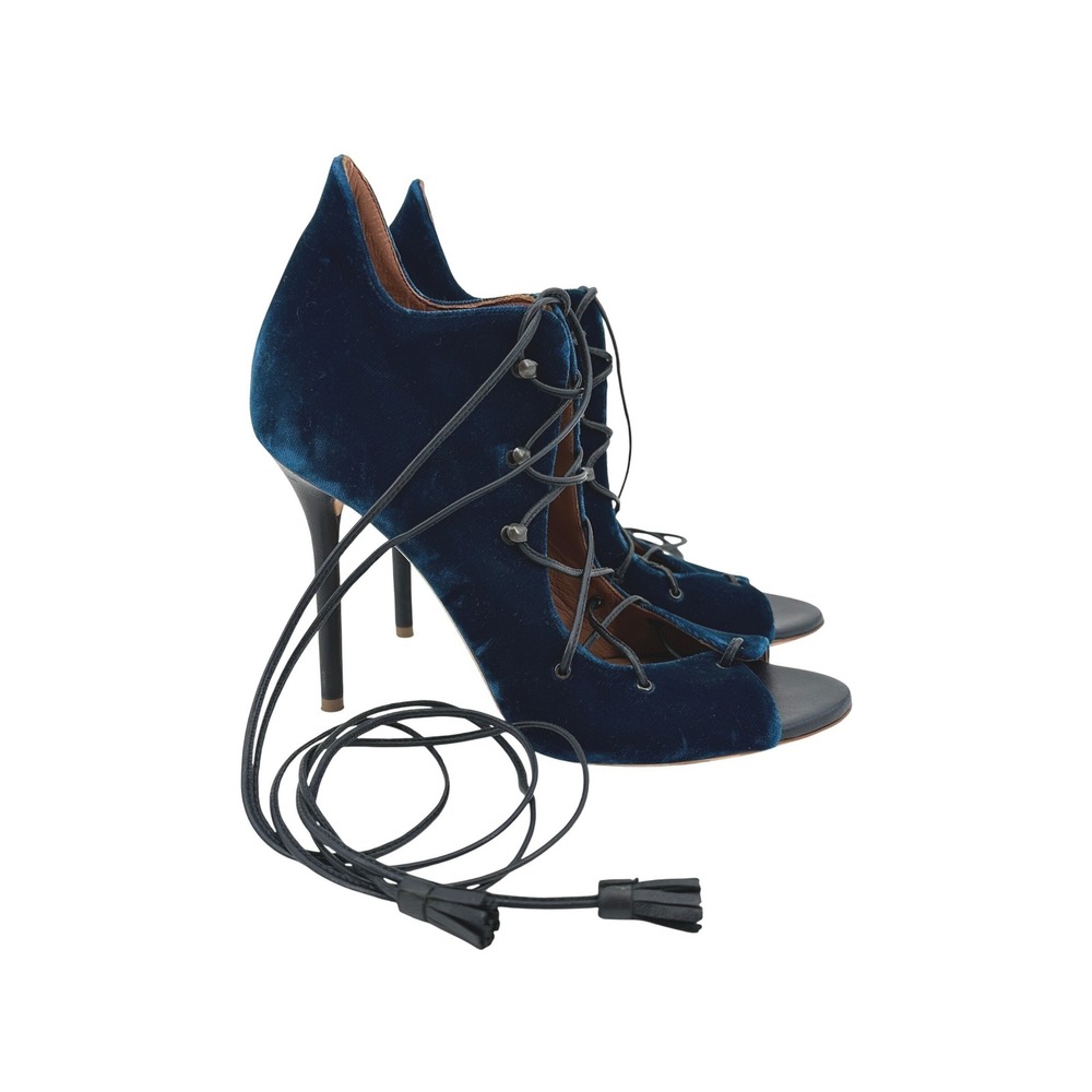 Malone Souliers Blue Velvet Savannah Lace Up Peep‎ Toe Stiletto Heels 38 / US 8